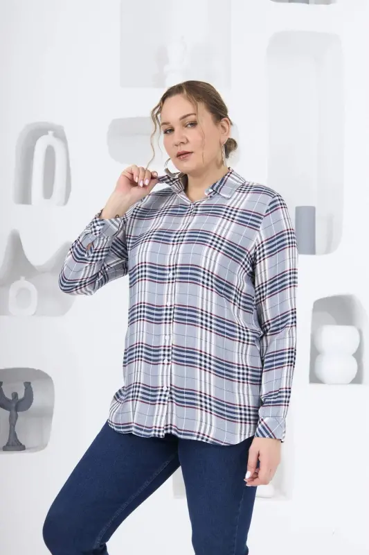 Plaid Plus Size Navy Blue Shirt - 7