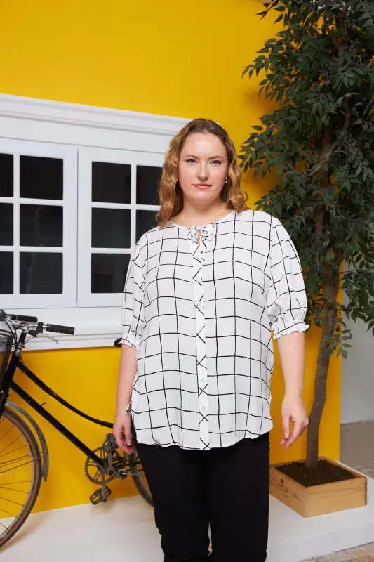 Plaid Plus Size Shirt with Collar Tie Detail Ecru - 1
