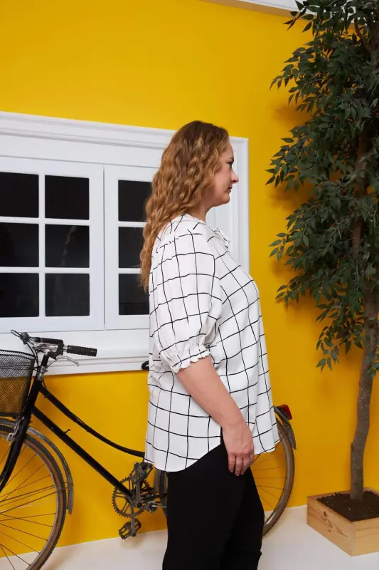 Plaid Plus Size Shirt with Collar Tie Detail Ecru - 8