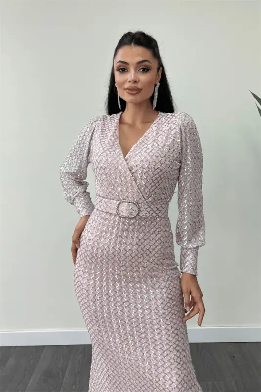 Plaid Sequin Fabric Wrap Dress - POWDER - 3