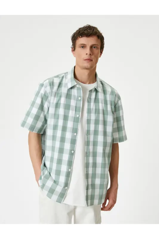 Plaid Shirt Short Sleeve Classic Collar Buttoned Regu - 3