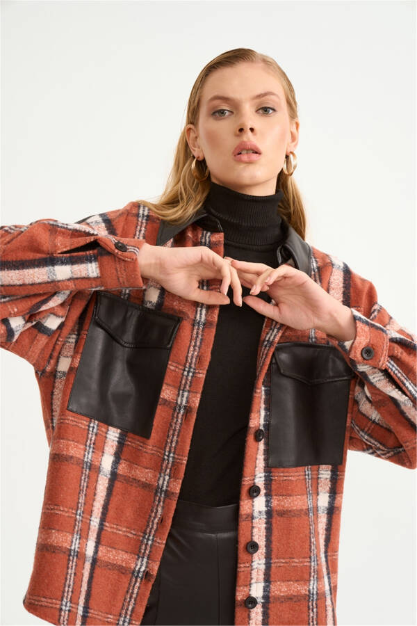 Plaid Shirt with Leather Detail - Terracotta - 1