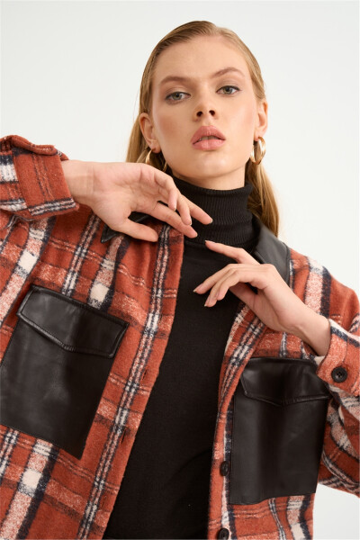 Plaid Shirt with Leather Detail - Terracotta - 2