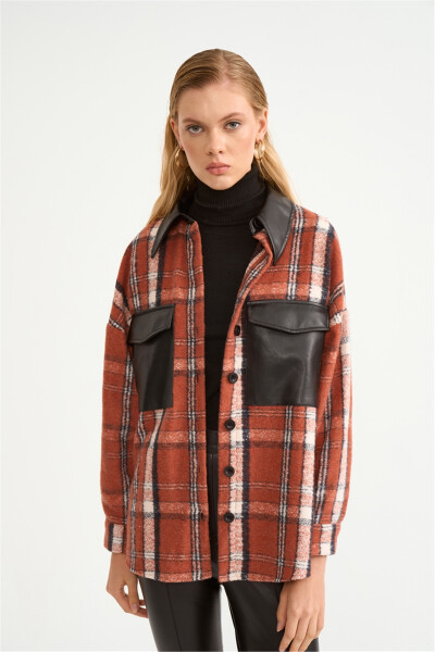 Plaid Shirt with Leather Detail - Terracotta - 3