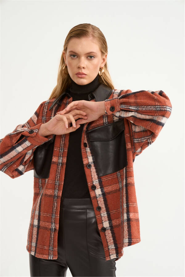 Plaid Shirt with Leather Detail - Terracotta - 4