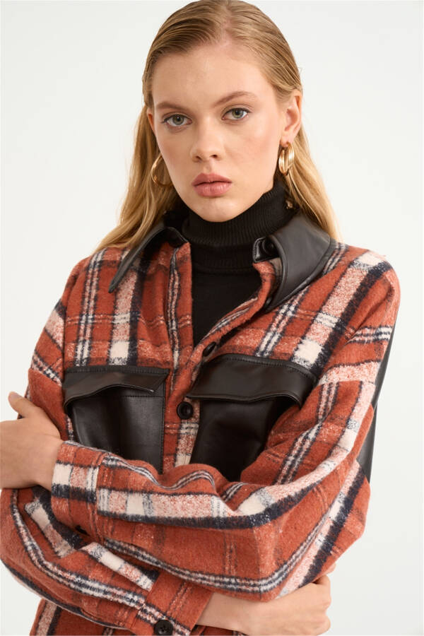 Plaid Shirt with Leather Detail - Terracotta - 5