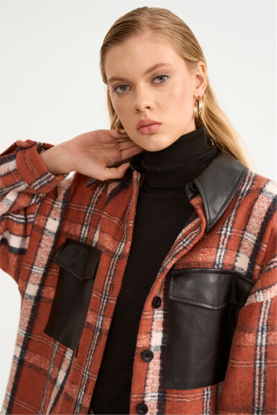 Plaid Shirt with Leather Detail - Terracotta - 6