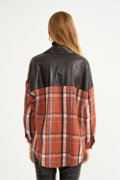 Plaid Shirt with Leather Detail - Terracotta - 7