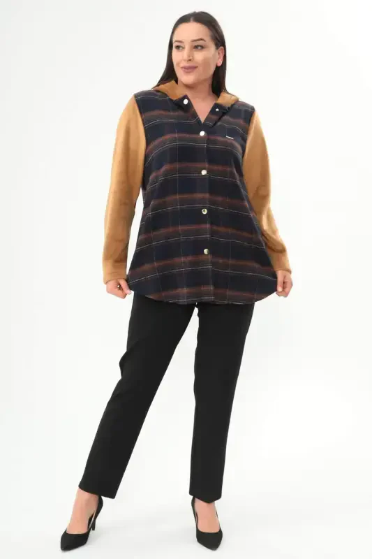 Plaid Snap Button Pocket Detail Indigo Jacket - BÜYÜKBEDENIZ