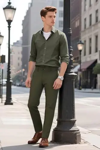 Plaid&Plain erkaklar kostyum shim slim fit stretch khaki shim buruşmasdan - 6