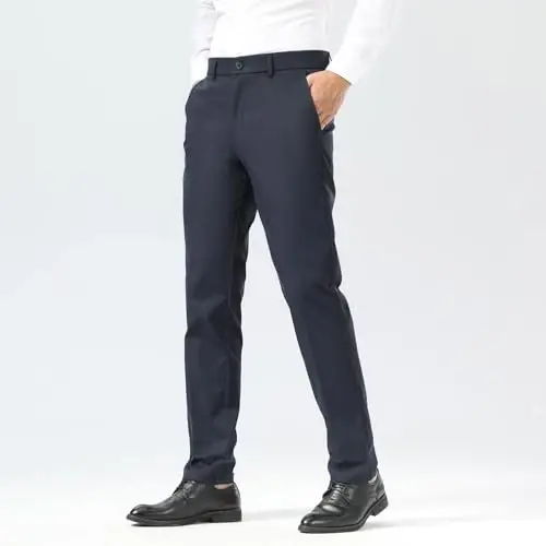 Plaid&Plain erkaklar kostyumi shim Slim Fit Stretch Xaki shimlar ajinlarsiz - 7