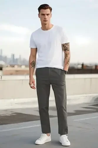 Plaid&Plain erkaklar uchun Slim Fit xaki shimlar Erkaklar uchun konusli chino shimlar - 6