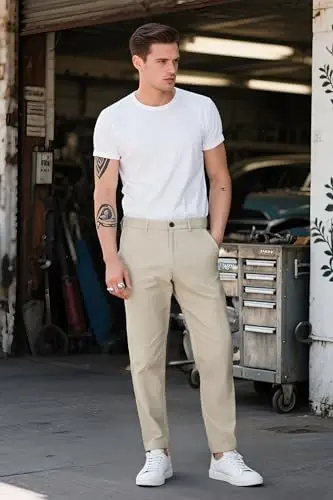 Plaid&Plain erkaklar uchun tor bichimli xaki shimlar Erkaklar uchun konusli chino shimlar - 7