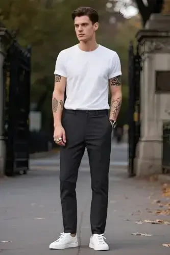 Plaid&Plain erkaklar uchun tor kesimli xaki shimlar Erkaklar uchun konusli chino shimlar - 7