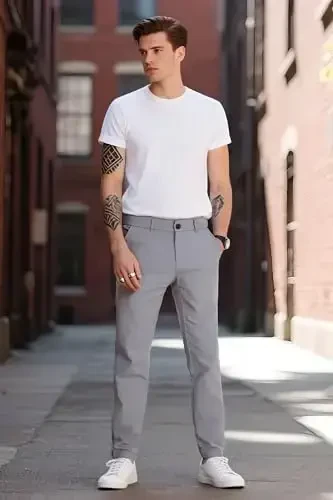 Plaid&Plain erkaklar uchun tor kesimli xaki shimlar Erkaklar uchun konusli chino shimlar - 7