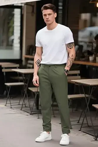 Plaid&Plain erkaklar uchun tor kesimli xaki shimlar Erkaklar uchun konusli chino shimlar - 7