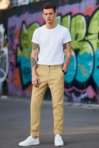 Plaid&Plain erkaklar uchun tor kesimli xaki shimlar Erkaklar uchun konusli chino shimlar - 6