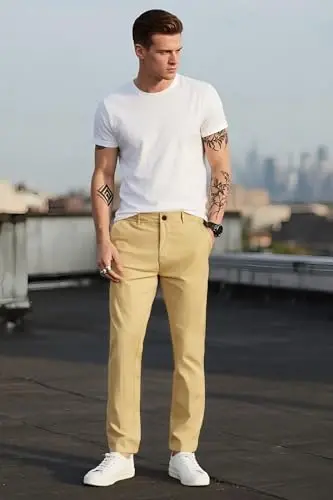 Plaid&Plain erkaklar uchun tor kesimli xaki shimlar Erkaklar uchun konusli chino shimlar - 7