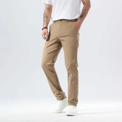 Plaid&Plain erkaklar uchun tor kesimli xaki shimlar Erkaklar uchun konusli chino shimlar - 3
