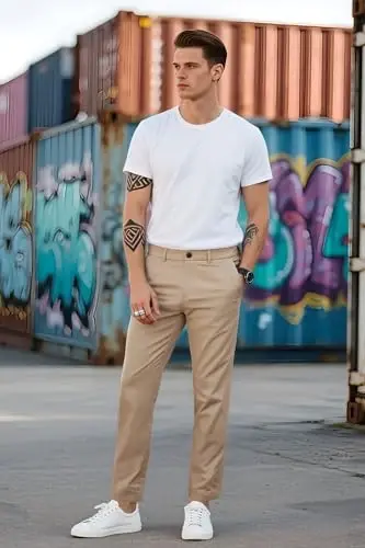 Plaid&Plain erkaklar uchun tor kesimli xaki shimlar Erkaklar uchun konusli chino shimlar - 7