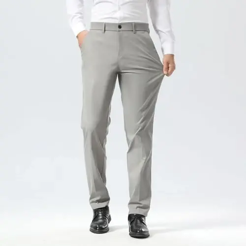 Plaid&Plain Men's Dress Pants Slim Fit Stretch Khaki Pants Wrinkle Free - 2