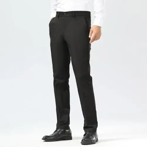 Plaid&Plain Men's Dress Pants Slim Fit Stretch Khaki Pants Wrinkle Free - 3