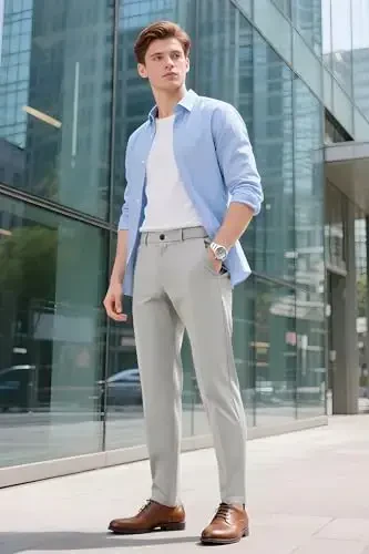 Plaid&Plain Мужские Брюки для Костюма, Зауженный Крой, Эластичные Брюки Хаки, Не Мнутся - 7