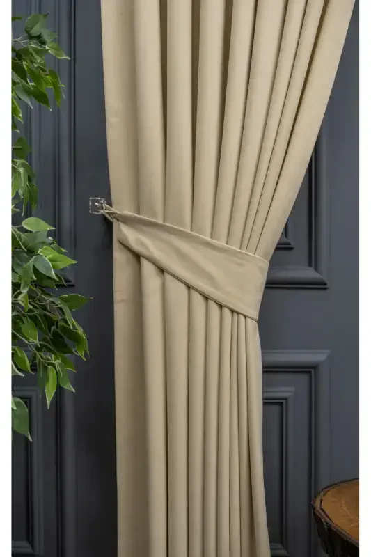 Plain Beige Solid Color Background Curtain, Plain Sewing Without Pleats, Shirring Tape Gathering, Single Panel-Plain Beige - 1