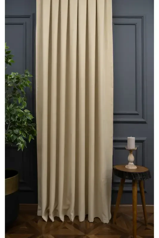 Plain Beige Solid Color Background Curtain, Plain Sewing Without Pleats, Shirring Tape Gathering, Single Panel-Plain Beige - 5