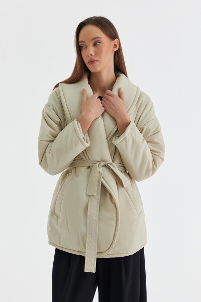 Plain Belted Puffer Jacket Beige - 3