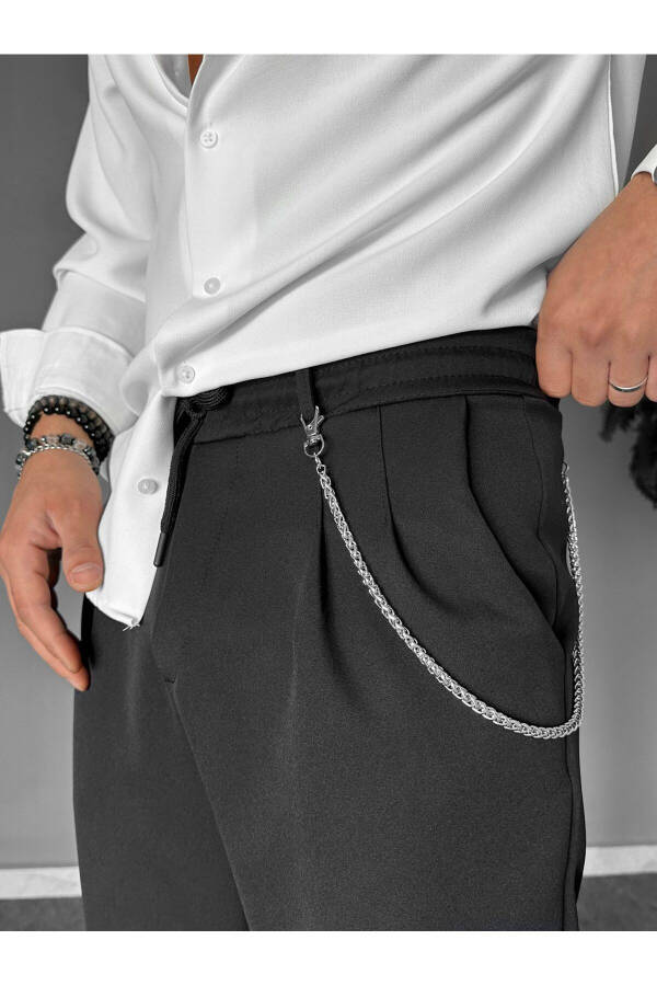 Plain Black Fabric Chain Double Leg Jogger - 8