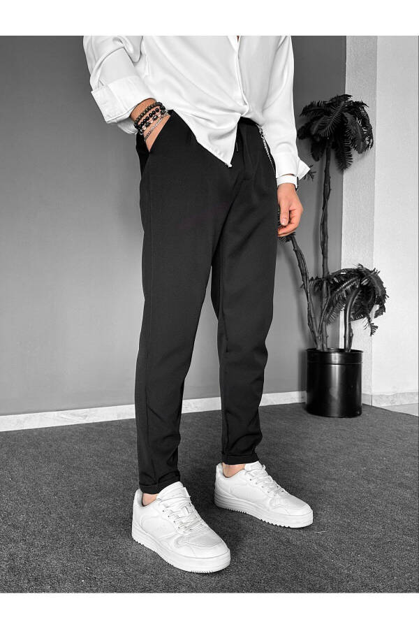 Plain Black Fabric Chain Double Leg Jogger - 2