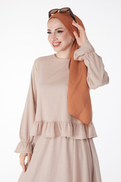 Plain Crew Neck Beige Squirrel Blouse + Skirt Set for Women - 25263 - 10