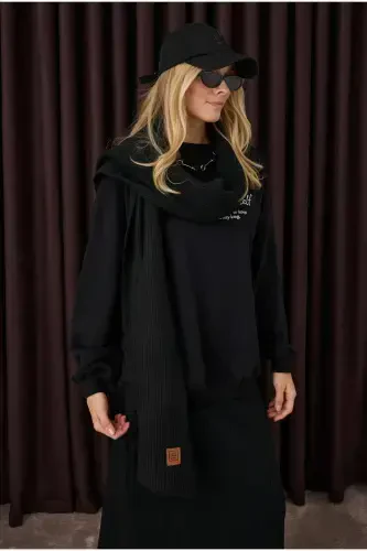 Plain Knit Scarf Black-black - 3