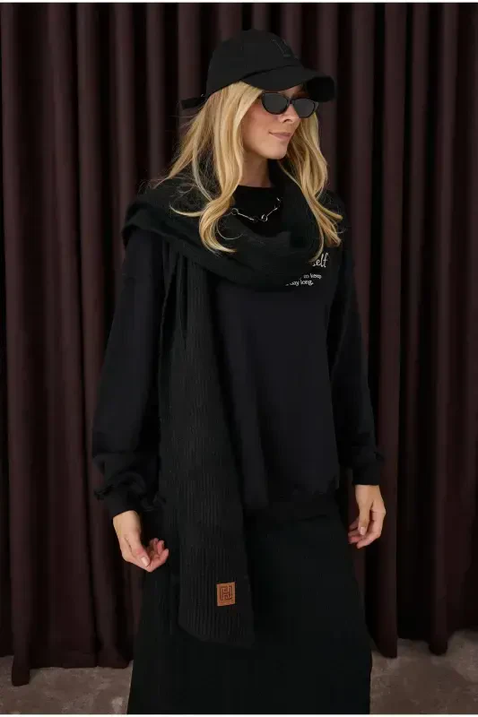 Plain Knit Scarf Black-black - 3