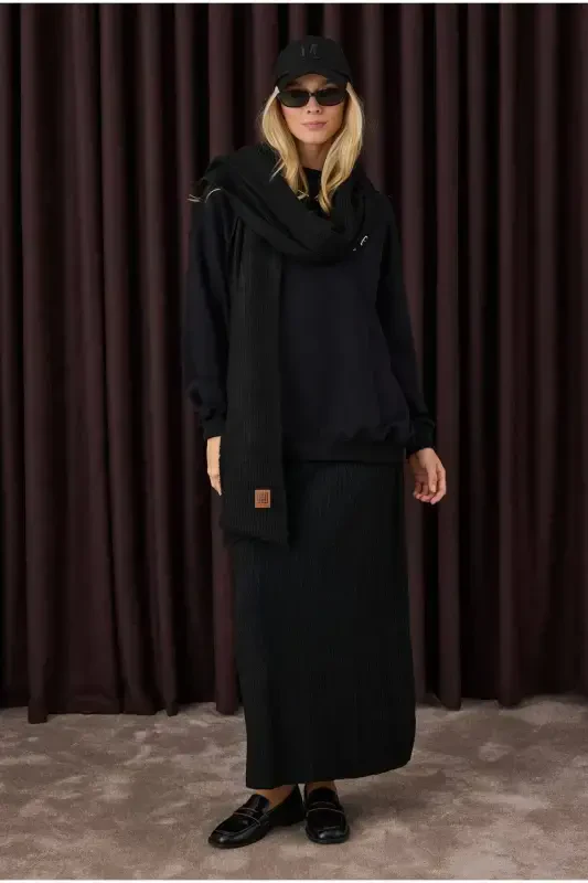 Plain Knit Scarf Black-black - 4