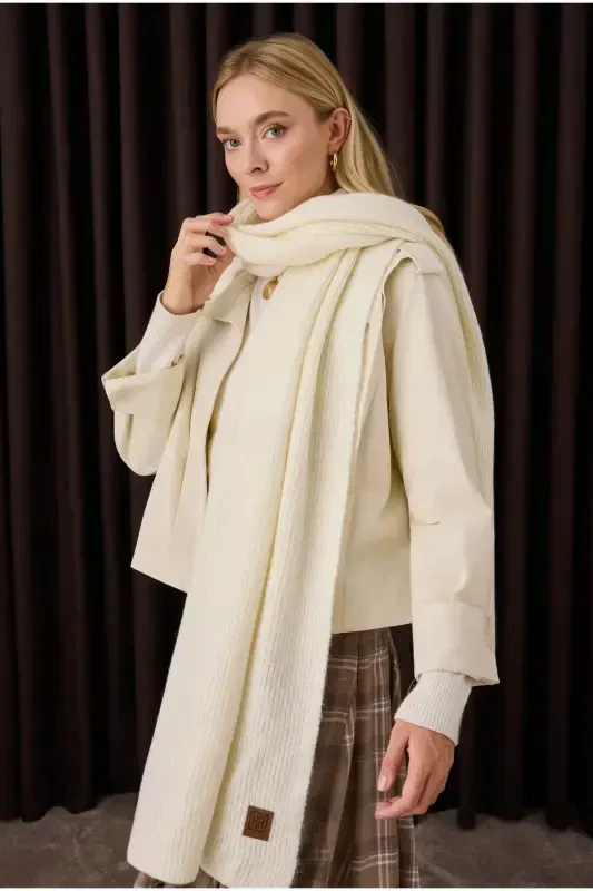 Plain Knit Scarf Bone-Bone - 2