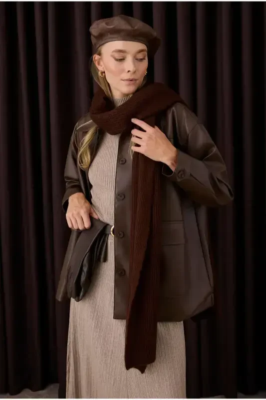 Plain Knit Scarf Coffee - 3