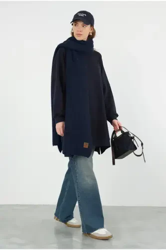 Plain Knit Scarf Navy-Navy - 1