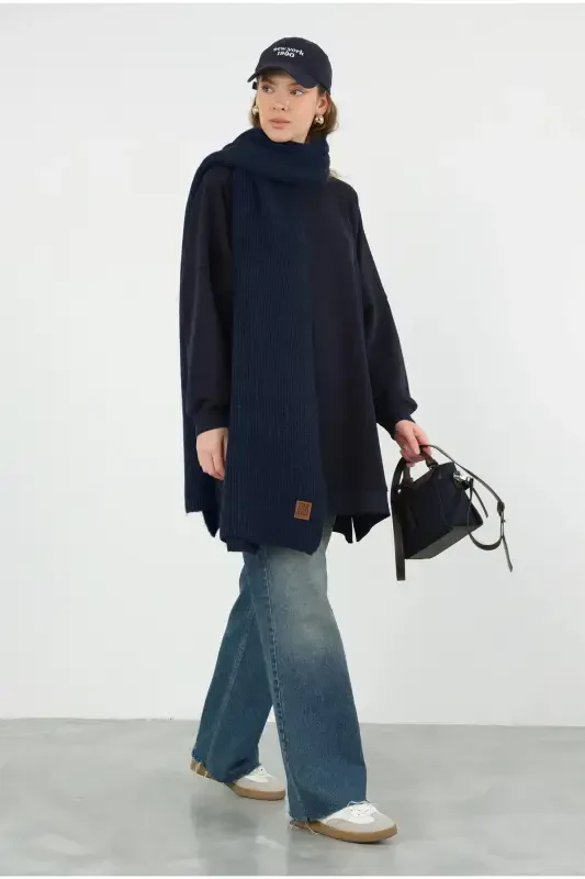 Plain Knit Scarf Navy-Navy - 1