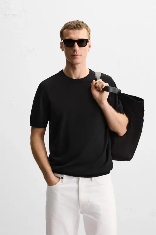 Plain Knit T-Shirt-Black - 5