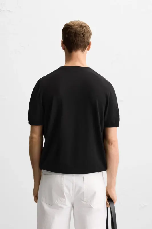 Plain Knit T-Shirt-Black - 6