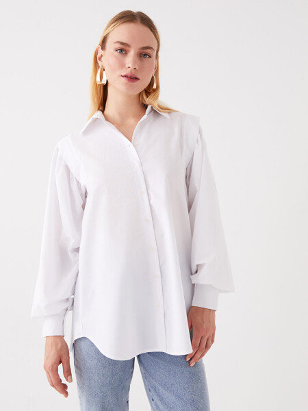 Plain Long Sleeve Oversize Poplin Women's Shirt Tunic - 2