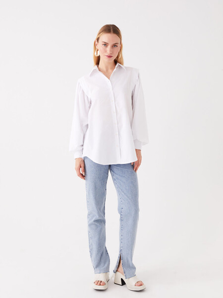 Plain Long Sleeve Oversize Poplin Women's Shirt Tunic - 3