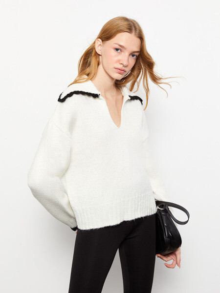 Plain Long Sleeve Women's Knitted Polo Sweater - 8