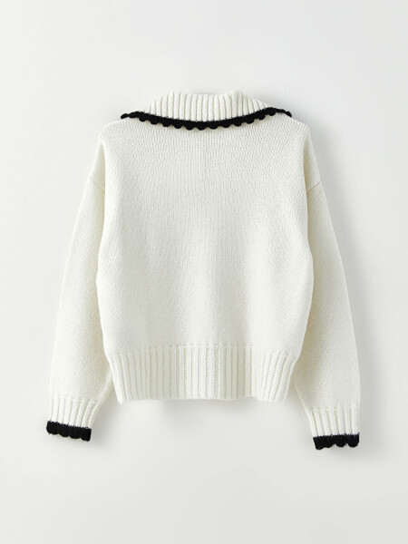 Plain Long Sleeve Women's Knitted Polo Sweater - 14