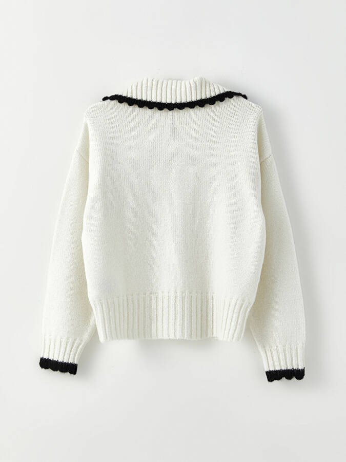 Plain Long Sleeve Women's Knitted Polo Sweater - 14