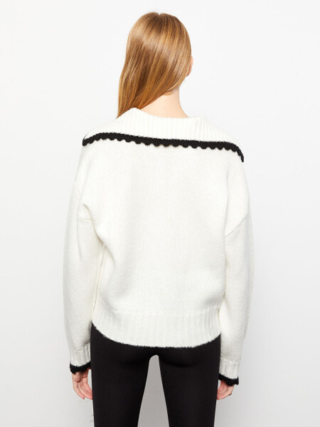 Plain Long Sleeve Women's Knitted Polo Sweater - 5