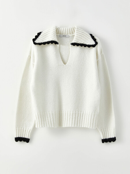 Plain Long Sleeve Women's Knitted Polo Sweater - 6