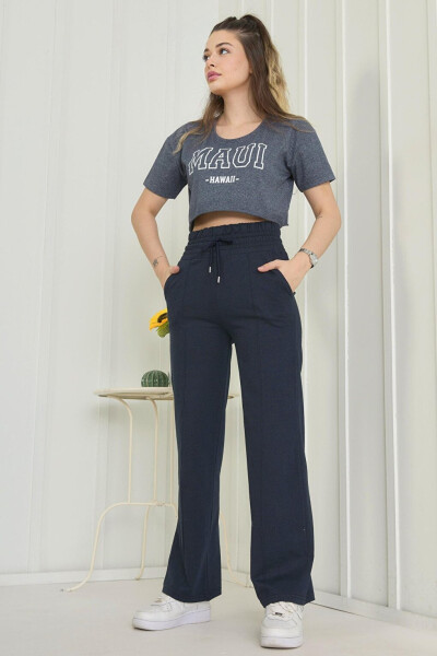 Plain Mid-Rise Women's Navy High Waist Wide Leg Sweatpants - 22383 - 14